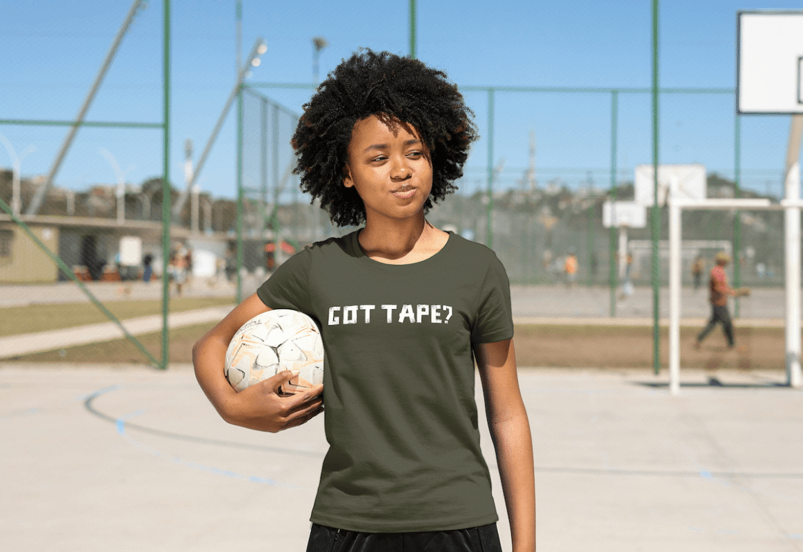 girl wearing duct tape tshirt